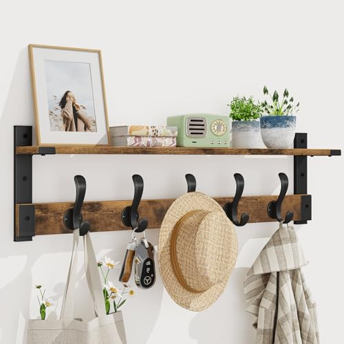 Homode Coat Rack Wall Mount, 29 Inch Long Shelf with Hooks, Wood Entryway Shelf with 5 Hangers for Hanging Hat Jacket Backpack Purse, Rustic Brown Black