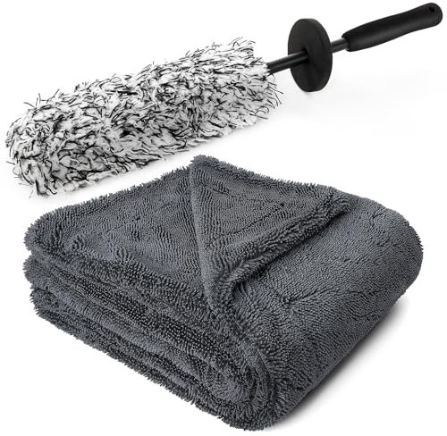Microfaser Felgenbürste mit Auto Trockentuch 50*80cm, Schonend weiche Mikrofasern kratzfreie Wäsche, Reinigt tief im Inneren von Rädern und Felgen Felgenreiniger Bürste für Aluß- & Stahlfelgen