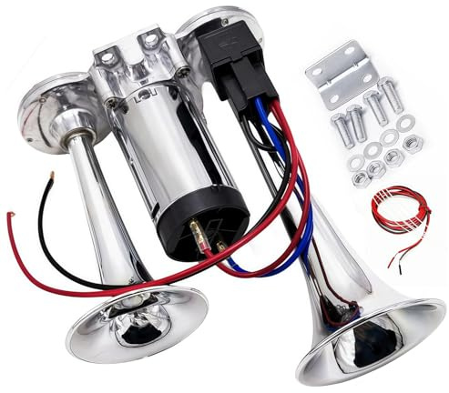 YIYIDA Clacson per auto Corno d'aria Doppio tubo Horn Argento 12V Barca Horn Altoparlante speaker Trombe elettriche di alto e basso tono corno di allarme Car Horn per 12V auto camion nave yacht ecc