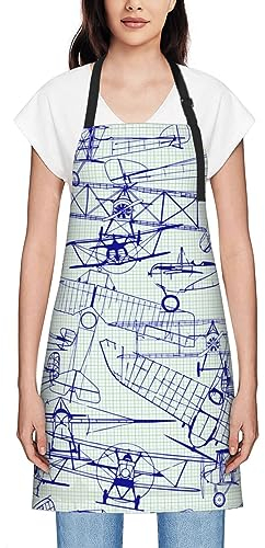 Amkong Schürze für Damen, Motiv: alte Flugzeuge, mit Taschen, verstellbare Kochschürze, Kellnerin, Küche, Kochen, wasserdichte Schürze, Alte Flugzeuge, One size