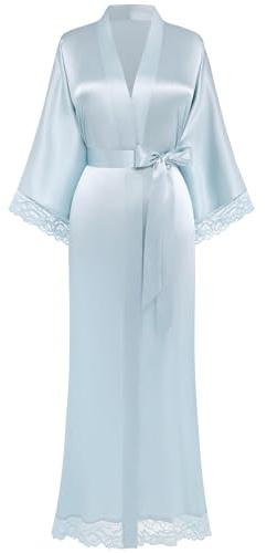 BABEYOND Kimono da donna in raso, accappatoio lungo kimono da damigella d'onore con finiture in pizzo per indumenti da notte per ragazze, feste, matrimoni, pigiama party, Azzurro, Taglia unica