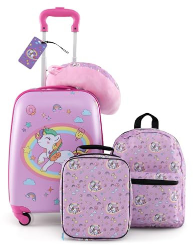 GOPLUS 5tlg Kinderkoffer Set, Kids Trolley mit Rucksack, Nackenkissen, Lunchbox, Gepäckanhänger, Kindergepäck mit Rollen, Reisekoffer mit Teleskopgriff für Kinder ab 3 Jahren (Einhorn)