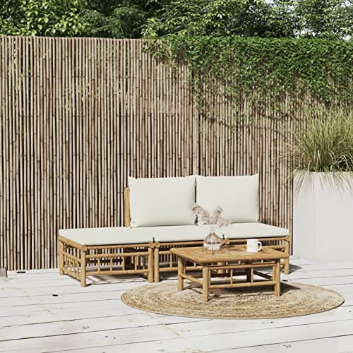 Faroom Gartenlounge Set Bambus Lounge Gartenmöbel Set Loungemöbel Set Bambus Balkon Lounge Sofa Outdoor Balkonmöbel Kleiner Gartengarnitur Sofagarnitur Creme 4-tlg-Type-31