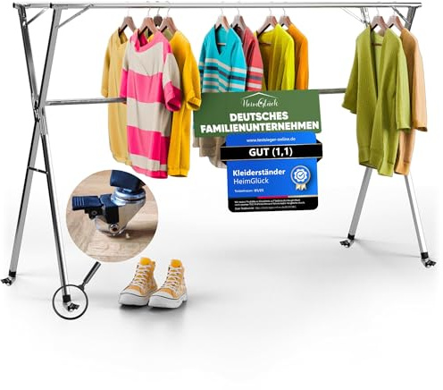 HeimGlück Kleiderständer/Wäscheständer + Tasche & Rollen Ben Silber [Ausziehbar 1.30-2.0m, klappbar, sehr Stabil Edelstahl] Jackenständer, Garderoben-Ständer, Flurgarderobe, offener Kleiderschrank