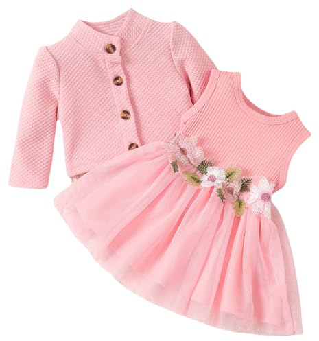 Yoolhamy Ensemble Robe et Cardigan pour bébé à Manches Longues en Coton Princesse Robe Tutu et Manteau (Sleeveless Pink, 18-24 Mois)