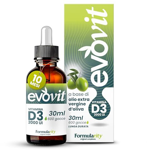EVOVIT VITAMINA D3-10 Mesi di Durata - In Olio Extravergine d'Oliva Italiano Spremuto a Freddo - Integratore Naturale ad Alta Biodisponibilità -Senza Zuccheri, Glutine, Lattosio, 30ml- Made in Italy