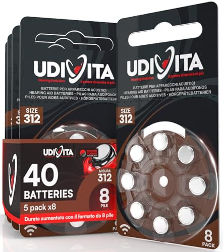 40 Batterie Udivita Misura 312 per Apparecchi Acustici Auricolari PR41 (Marroni - Zinco Aria) con Phono Pulse Technology per Amplificatore Acustico - 5 Blister da 8 Pile