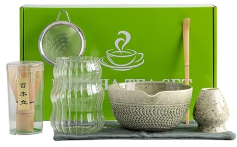LVYUDS Matcha Whisk Set with Glass Cup Spoon Tea Clothmatcha Bowl Filter, Traditional 7-Piece Set Matcha Kit Ceramics Bamboo Housewarming Gift