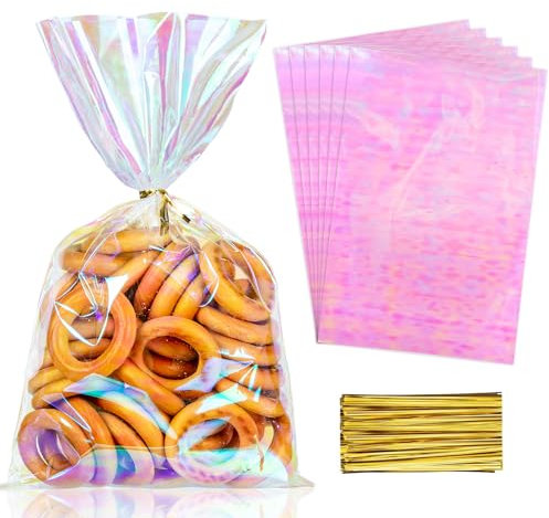 Labeol 100 schillernde Zellophantüten, Süßigkeitentüten, 6 × 9 Leckerlibeutel mit Bändern, transparente Geschenktüten, holografische Partytüten für Geburtstag, Hochzeit, Ostern, Weihnachten,