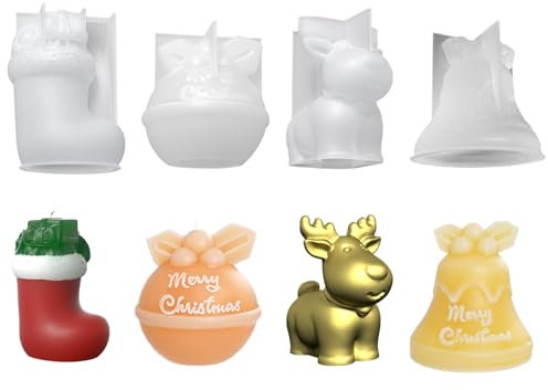 molde de vela 3D silicona Navidad alce cervatillo candelabro DIY campanas forma resina jabón para decoración navideña 3 piezas