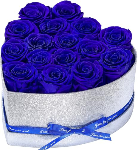 16 Preserved Forever Roses Heart Shape Box, Flowers Birthday Gifts for Women Mom Grandma Wife Anniversary Valentine's Day Mother's Day (Blue Roses）