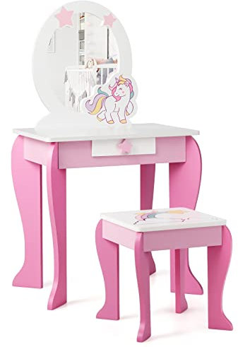GOPLUS Schminktisch Kinder, Frisiertisch mit Hocker & abnehmbarem Spiegel & Schublade, Kosmetiktisch mit Haarband & Haarspange, Schminktisch Einhorn aus Holz für Mädchen ab 3 Jahren (Rosa)