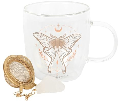 Something Different Wholesale Double-Walled Glass Tea Mug with Luna Moth Design & Clear Quartz Crystal Infuser – Insulated, Ideal for Loose Leaf Tea, Enhances Flavor & Promotes Relaxation
