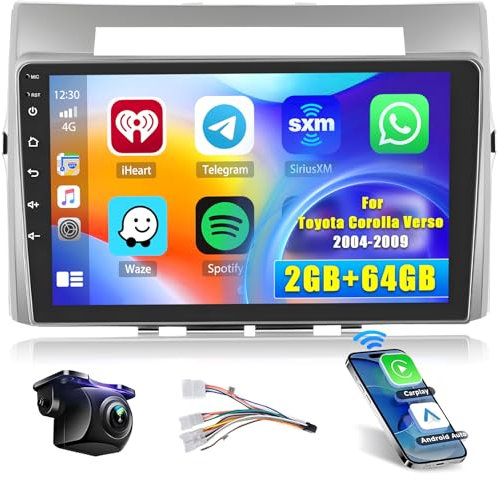Hikity [2+64GB] Android 15 para Toyota Corolla Verso 2004-2009 Radio Coche CarPlay Android Auto Inalámbrico Bluetooth Manos Libres Auto Radio con 9 Pantalla Táctil WiFi GPS EQ SWC FM RDS