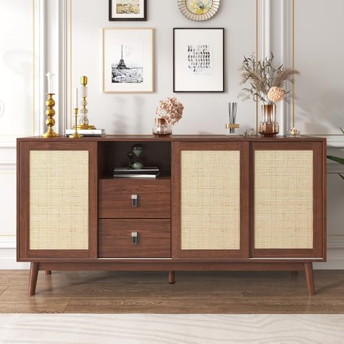 Sweiko Buffet, Commode avec 3 Portes coulissantes en rotin véritable et 2 tiroirs, Meuble de Rangement pour Le Salon (Wood)