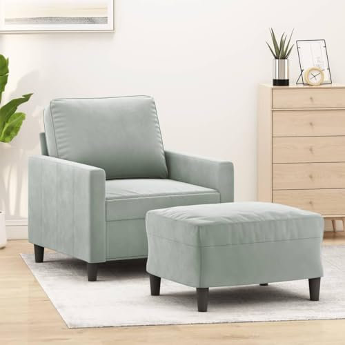 Homgoday Sessel mit Hocker Hellgrau 60 cm Samt Polstersofa Loungesessel, Polstersessel Loungesofa Einzelsofa Sitzmöbel für Wohnzimmer Büro Empfang