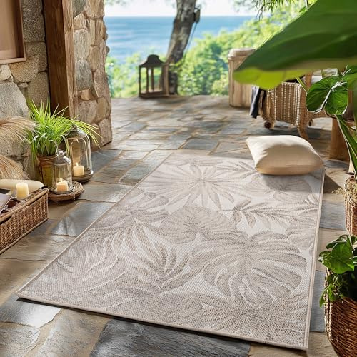 SIMPEX Outdoor Teppich Beige 80x150 cm Läufer Wetterfest UV-beständig Pflegeleicht Palmblätter Design für Küche Balkon Terrasse Wohnzimmer Esszimmer