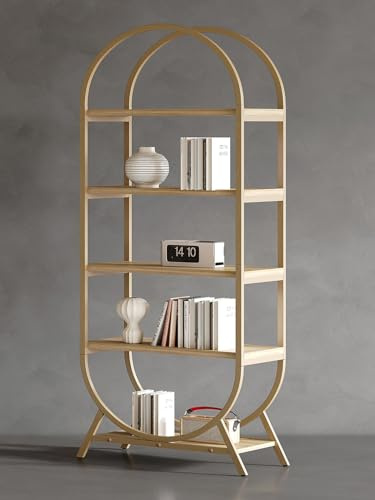 Kogven Bookshelf Arched Bookcase, Industrial 5 Tier Open Book Shelves with Metal Frame, 72 Tall Freestanding Display Rack for Home Office, Living Room,Nature Wood and Gold