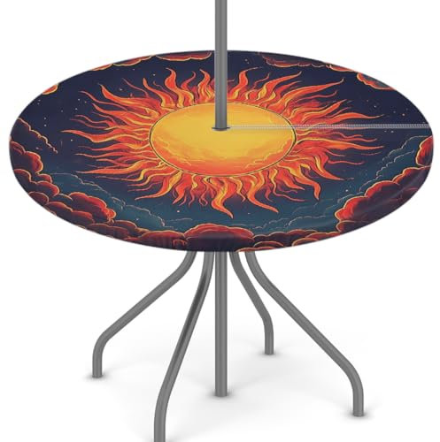Woltant Tovaglia rotonda con foro per ombrellone e cerniera, facile da pulire, con bordi elastici, protezione per tavolo da giardino, patio, barbecue (nuvole solari)