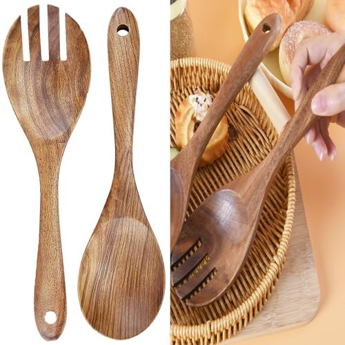 2PCSWooden Salad Fork and Spoon Set, Long-Handled Salad Mixing Fork and Spoon Kitchen Cooking Tool, Suitable for Large Salad Bowls, Pasta Plates, and More