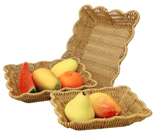 Lot de 3 corbeilles à pain rectangulaires tressées à la main - 23/25,5/30 cm - Bols de rangement pour légumes, maison, restaurant, boulangerie, plan de travail de cuisine