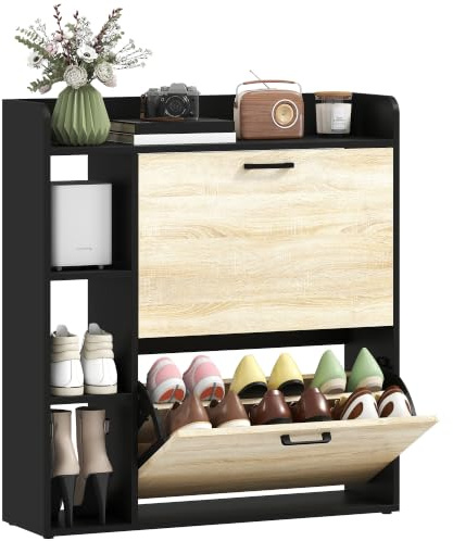 HOMCOM Zapatero Estrecho 2 Puertas 15 Pares 83x24x90,5 cm Natural y Negro | Zapatero Entrada Recibidor, 3 Estantes Laterales, Estantes Ajustables, para Pasillo, Espacio Reducido