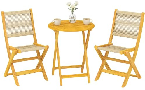 Outsunny Salon de Jardin 3 Pièces 2 Chaises Pliables Table Ronde Naturel | Bois d'Acacia, Cordage PP, Ensemble Bistro, Mobilier Extérieur Design Boho, Balcon Terrasse Jardin
