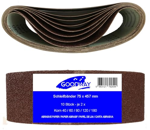 Lot de 10 bandes abrasives de 75 x 457 mm pour ponceuse à bande (2 x 40/60 / 80/120 / 180 / 120 / 180 chacune)