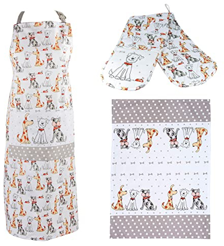 SPOTTED DOG GIFT COMPANY 3er Set - Abtrockentücher Küche, Küchenschürze und doppelter Ofenhandschuhe Hitzebestaendig, Baumwolle mit Hunde Motiv, Geschenk für Hundeliebhaber Frau Männer Hundebesitzer