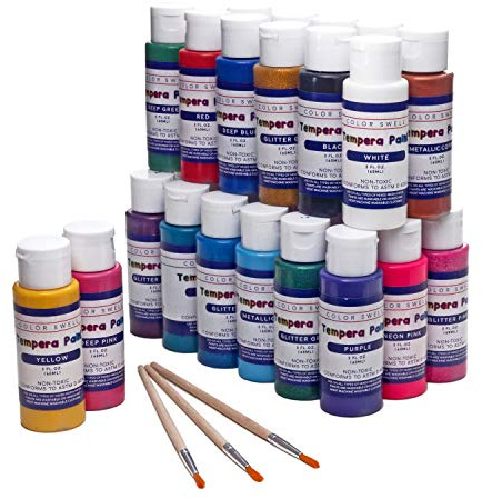 Color Swell Washable Tempera Paint Set - 2oz bottles of 30 Neon Metallic Classic Colors Perfect Kids Tempera Paints - Plus Three Wooden Brushes