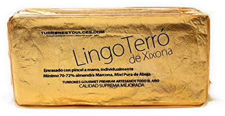 Turrón Artesano de Jijona 74% almendra marcona NACIONAL - Edición Gourmet en papel Oro 500 gramos. LingoTerró