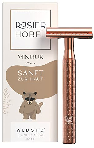 WLDOHO® Rasierhobel Metall für Damen & Herren inkl. 5 Klingen I Zero Waste Nassrasierer I Sicherheitsrasierer Plastikfrei I Rasierer mit Metallgriff in Roségold | MINOUK