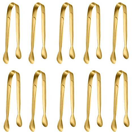 10er Pack kleine Eiszange Zuckerzange, Edelstahl Mini Servier Vorspeisen Zange für Party Kaffee Tee Wein Bar Küche (Golden)