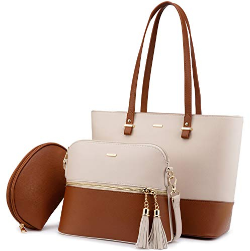 LOVEVOOK Handtasche Damen Schultertasche Handtaschen Tragetasche Groß Designer Elegant Umhängetasche Henkeltasche Set 3-teiliges Set (Beige-Braun)…