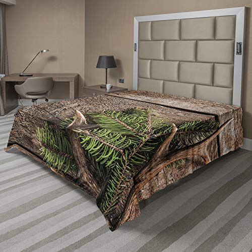 Ambesonne Antlers Flat Sheet, Evergreen Branch Deer Antler Against Rustic Wooden Background Print, Soft Comfortable Top Sheet Decorative Bedding 1 Piece, Queen Size, Fern Green Umber