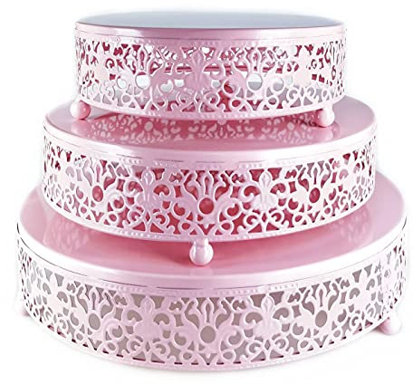 Eidoct 3-Piece Cake Stand Set Round Metal Cake Stands, Dessert Display Cupcake Stands for Wedding, Event, Birthday Party (Pink)