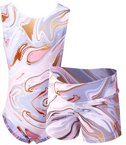 Dancina Set Girls Gymnastics Outfit Leotard and Shorts Size 10 Pink Gold