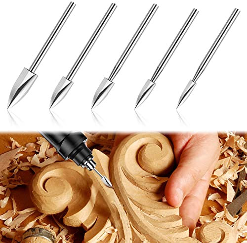 Heilok 5 PCS Wood Carving Drill Bits Set - 5 Pcs High Speed Steel Wood Carving Drill Bits - 3mm Shank - Durable Carbide Burr Set for Fine Woodworking