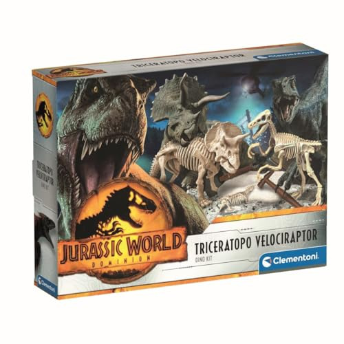 Clementoni Jurassic World 3 – utgrävningsset Triceratops & Velociraptor – spännande leksak för att upptäcka, gräva upp dinosauriefossiler för små forskare från 6 år 19289