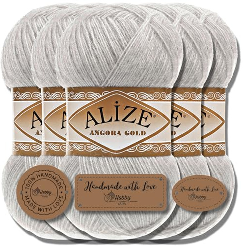 Alize 5 x 100 g Angora Gold stickgarn, turkiskt högkvalitativt garn av ull och akryl, enfärgat, babyull för virkning/stickning av halsdukar och annat till bebis (Light Melange | 208)