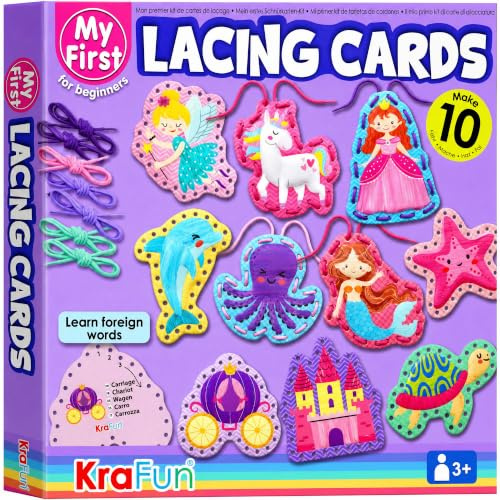 KRAFUN Kit de Tarjetas de Cordones Unicornio para Niños 3+ Años, 10 Proyectos Fai da Te (Princesa, Sirena, Castillo), Instrucciones, Juguete Educativo