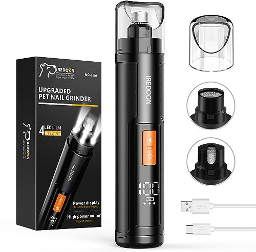 IREDOON Profi Krallenschleifer für Hunde 3-Gang Mit 4 LED-Leuchten – Neuester Krallenschleifer Mit Leistungsanzeige für Haustiere, Superleise, Wiederaufladbare für Große, Mittelgroße und Kleine Hunde