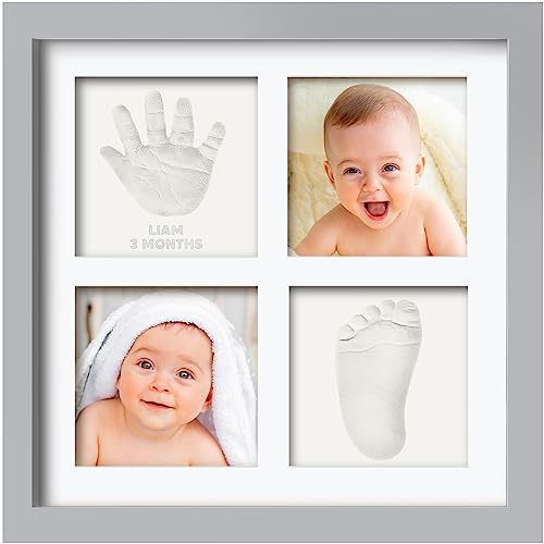 KeaBabies Baby hand- och fotavtrycksset – lera handavtryck souvenir med ram, bildram för barnrum, personlig gåva för nyfödda och babyfester (molngrå)