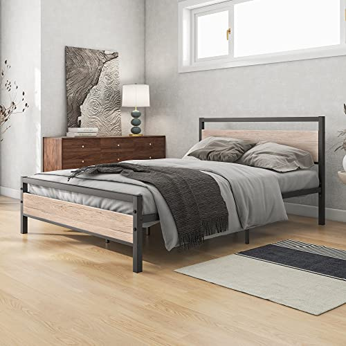 BOFENG Struttura letto matrimoniale con testiera in legno, struttura per letto matrimoniale in metallo resistente, senza bisogno di molle, base per materasso/contenitore sotto il letto/robusto