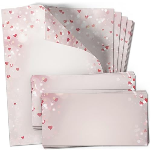 10 Briefpapier mit Briefumschlag Set | Herzen Rosa Liebe Herz Liebesbrief | Papier und Umschlag mit Design-Motiv bedruckt | 90 g/m²