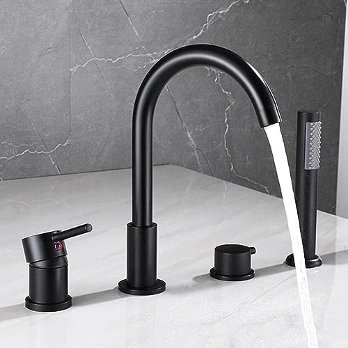4-Loch Wannenrandarmatur Wannenkombination Wannenarmatur Kalt Und Kalt Multifunktions Wasserhahn Badewanne Armatur Badewannenarmatur Mit Ausziehbarem Handbrause,Schwarz