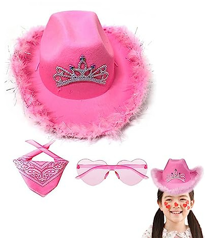 lyanny Cowboyhut Damen, Western Breite Krempe Hut Taschentuch Herz Sonnenbrille Set, Pink Damen Cowboy Hut Rosa Fasching Karneval Damen Set Outfit