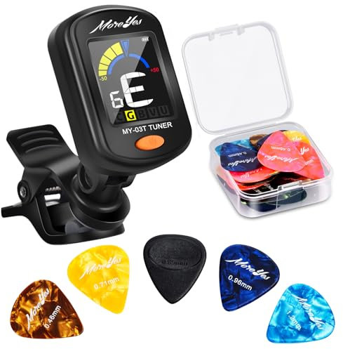 MOREYES Professional Guitar Tuner Clip On with 28Pcs Guitar Picks, Guitar Tuner for Acoustic Guitar, Electric Guitar, Bass, Ukulele & Chromatic Tuning Modes, Full Color Display, Rechargeable