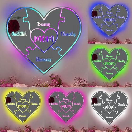 Personalisiertes LED-Namensspiegel-Licht, Puzzleteil-Schild, individueller Familienname, Herz, Puzzle-Spiegel-Licht, Mom You are The Piece That Holds Us Together, Schild zum Muttertag, Geburtstag