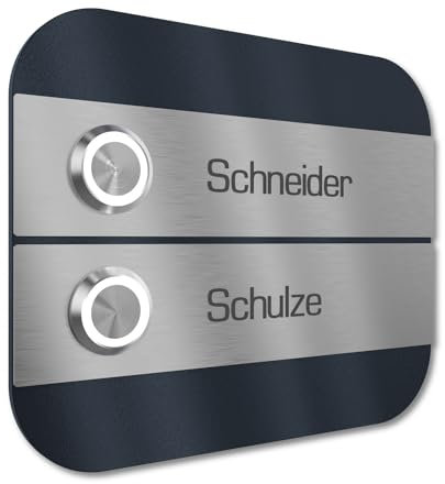 Graviers Design Mehrfamilien Türklingel mit LED Taster 2 Namen Gravur - V2A Edelstahl Klingel 140x115 mm Pulverbeschichtet RAL 7016 - Unterputz wählbar Aufputz für Haustür Zweifamilienhaus